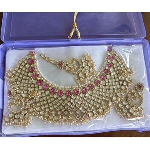 Gold and Pink Ornate Necklace, earrings and forehead piece with Intricate Design